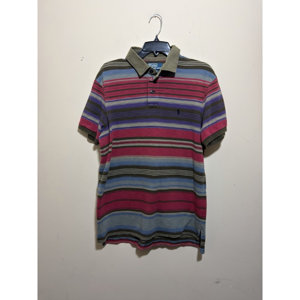 Vintage Y2K Polo Ralph Lauren Striped Polo Shirt Custom Fit Olive Collar Large